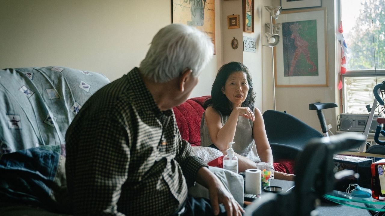 a man and woman talking